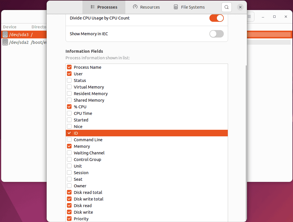 setting processes preferences of system monitor