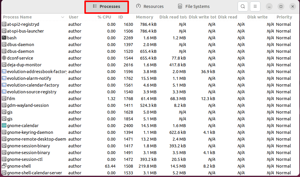 viewing processes tab in linux