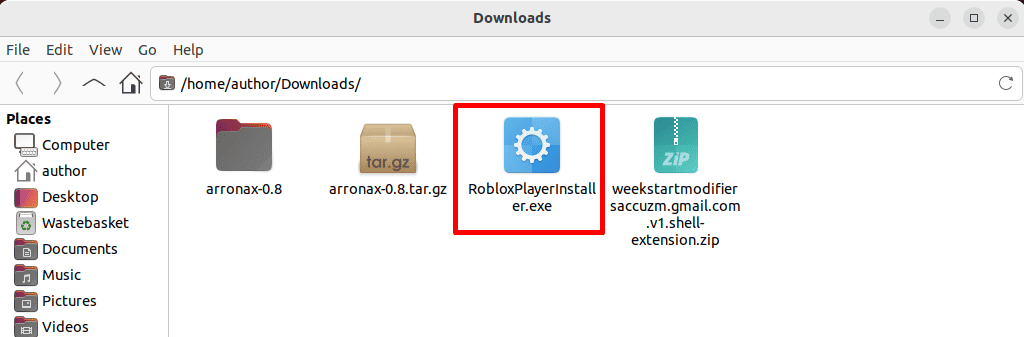 Displaying the Roblox installation file on Linux