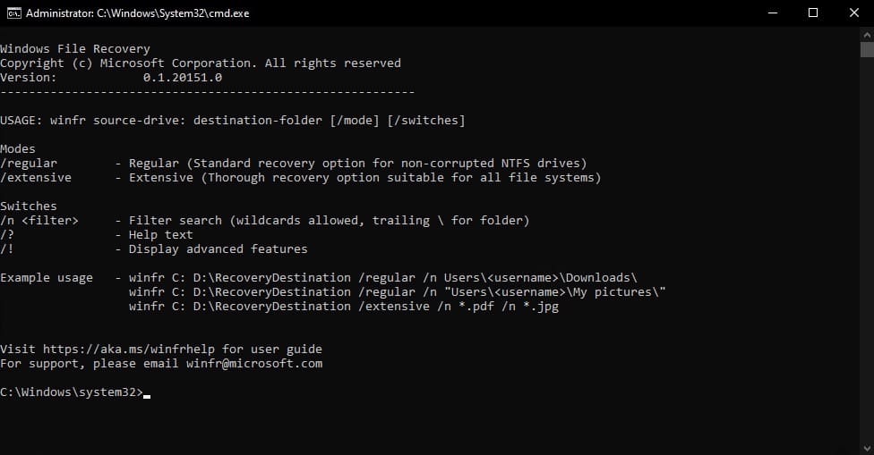 Windows file recovery command-line interface