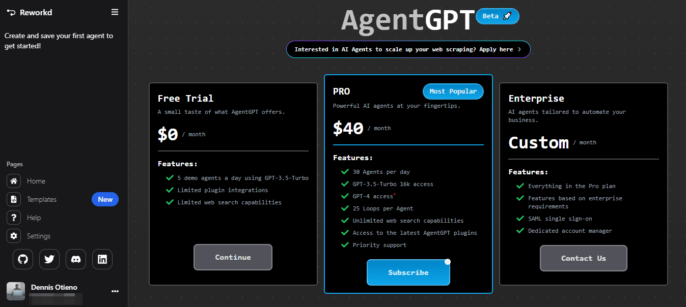 AgentGPT subscription plans