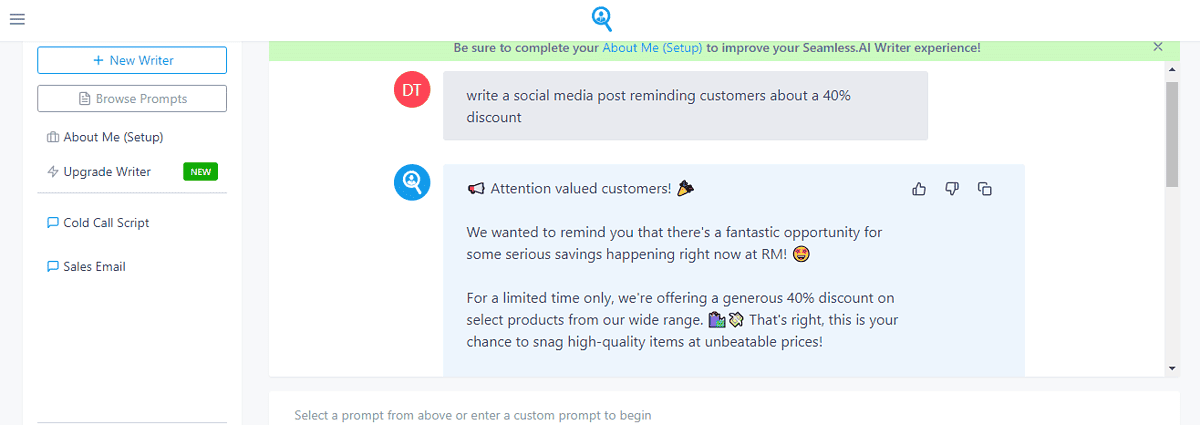 seamless ai writer tool test for social media post