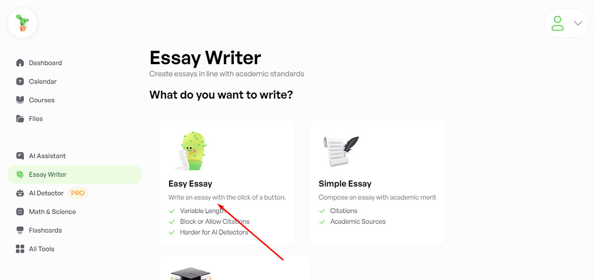 Click on Easy Essay Caktus AI