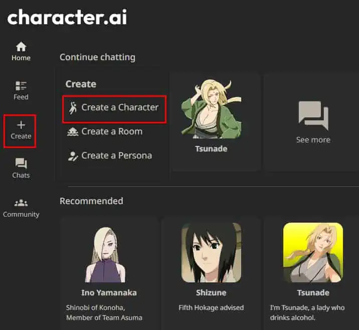 Create a character in character ai