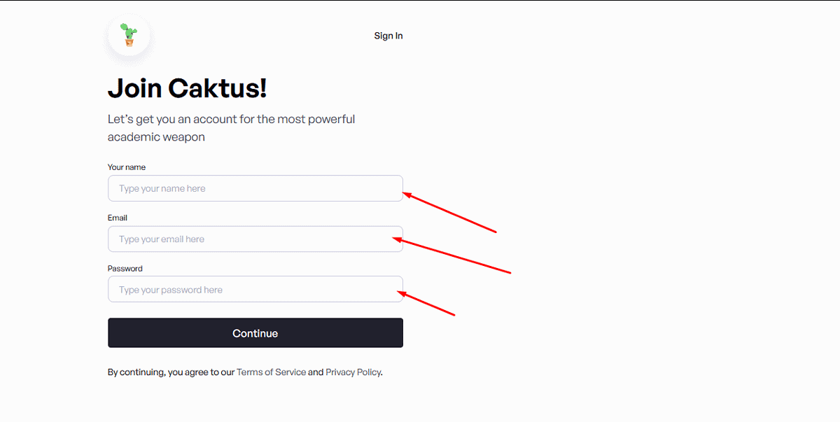 Create a Caktus AI account with your name, email, and password.