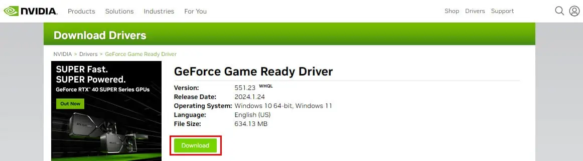 NVIDIA GeForce Driver download page