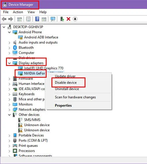Enable device in windows driver settings