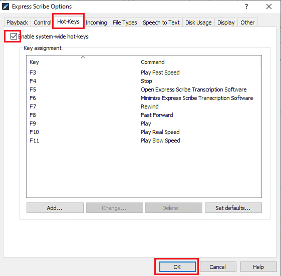 Express Scribe hotkeys