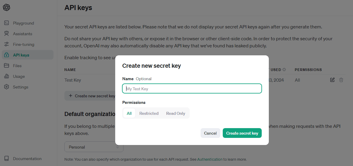 Generate OpenAI API key for Chub Venus AI