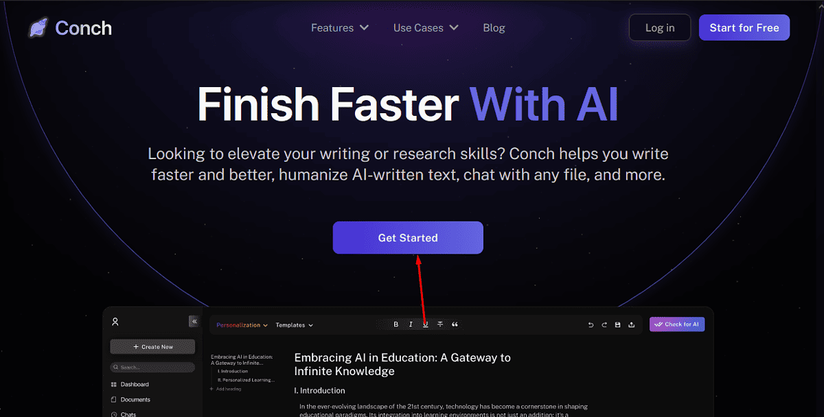 Go to Conch AI_s website and click on get started