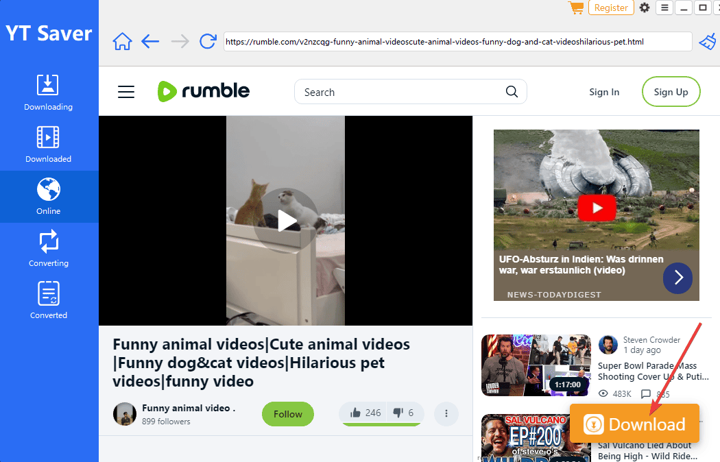 YT Saver download button on Rumble