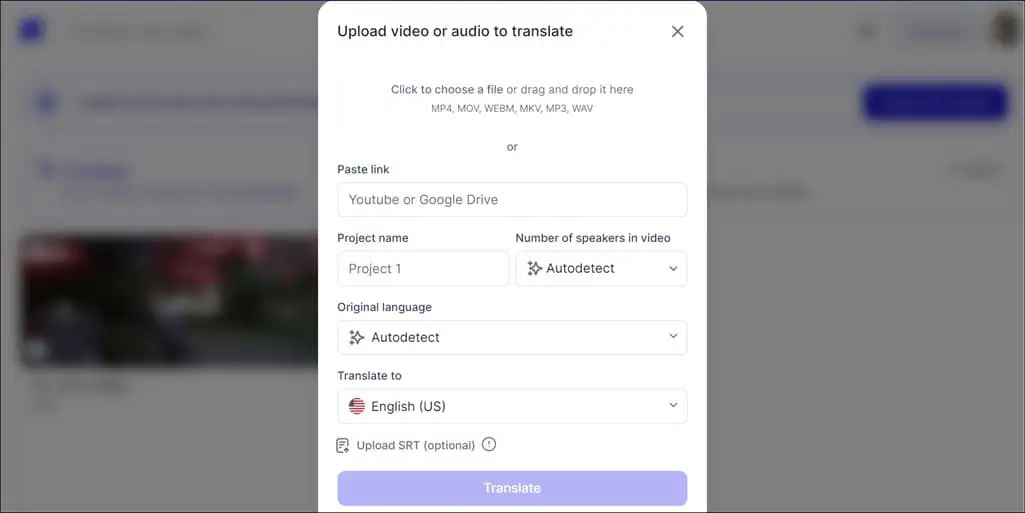 Upload the Video to translate