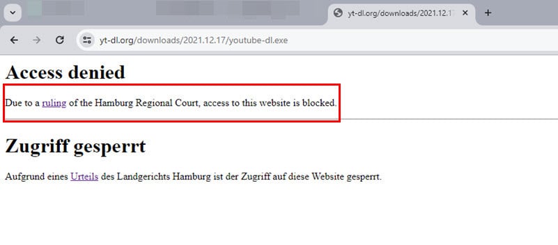 YouTube DL blocked