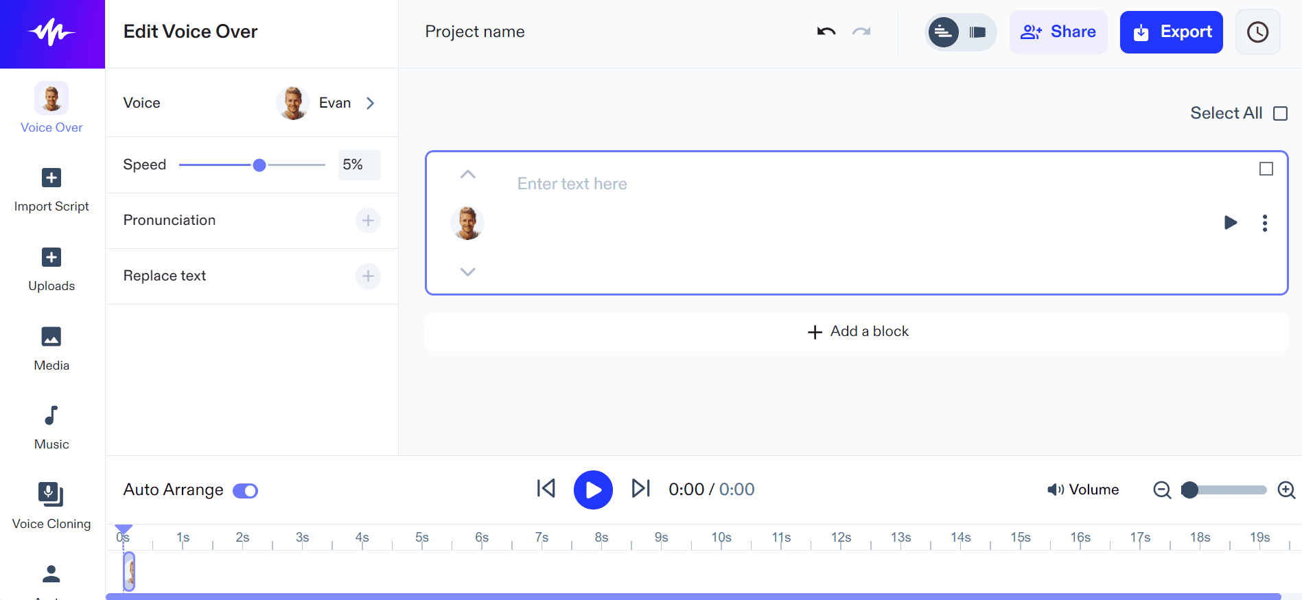 Add text and select a voice for a Speechify voice over project