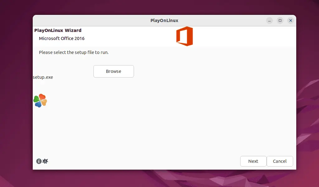 browsing for microsoft office exe file on linux
