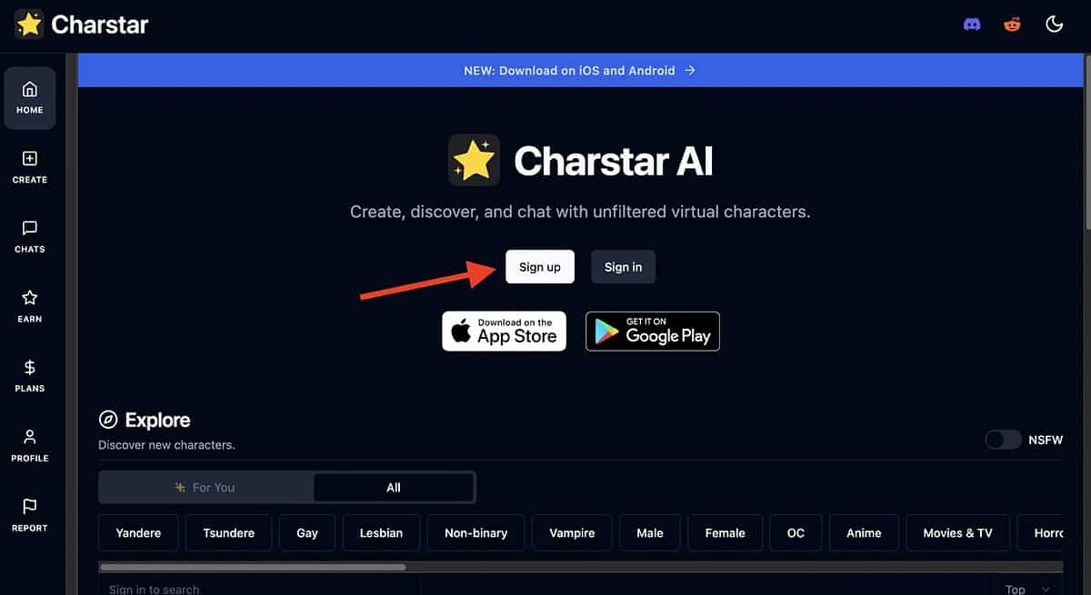 Sign up at Charstar AI