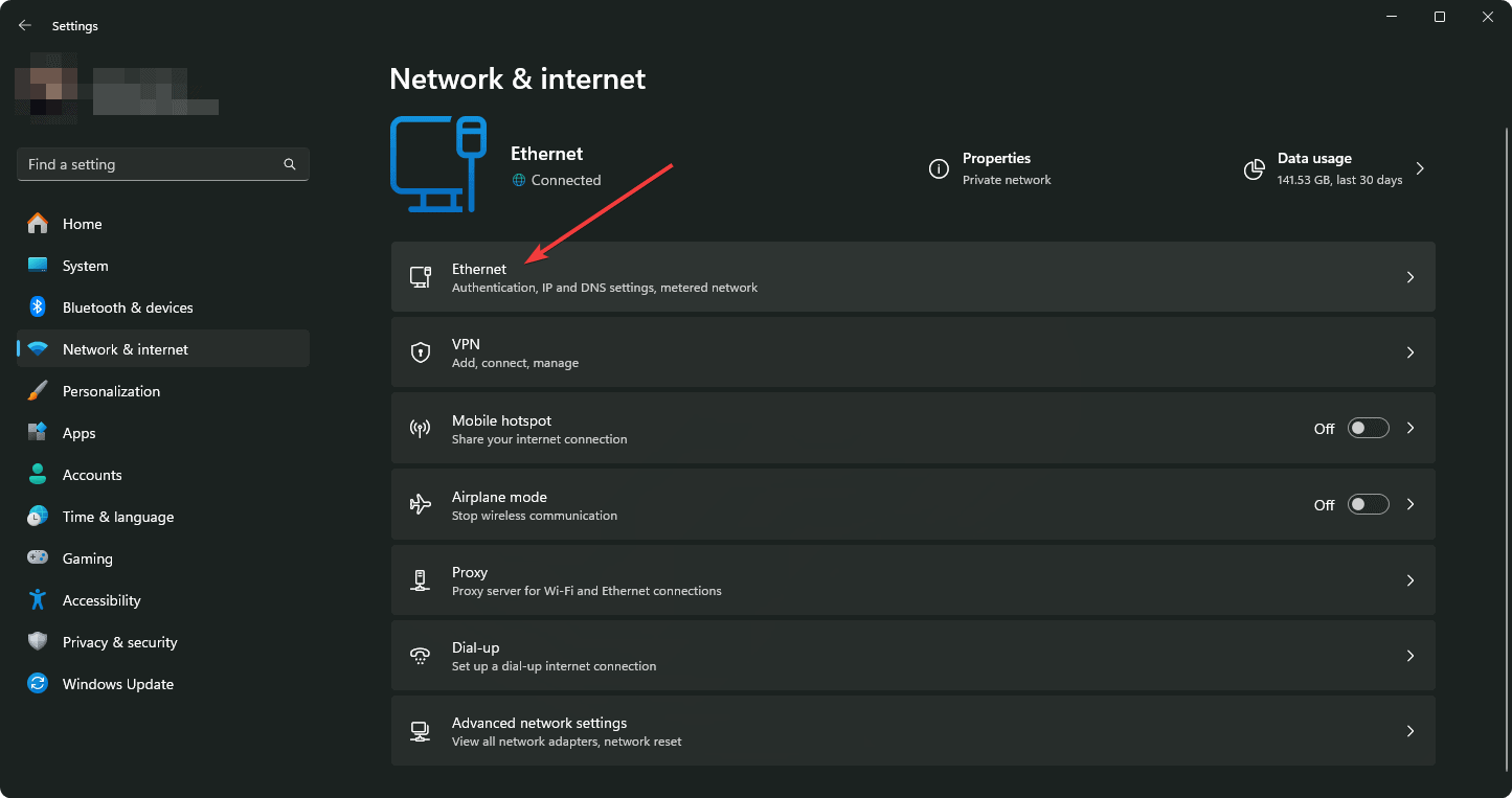 clicking on ethernet windows 11 settings