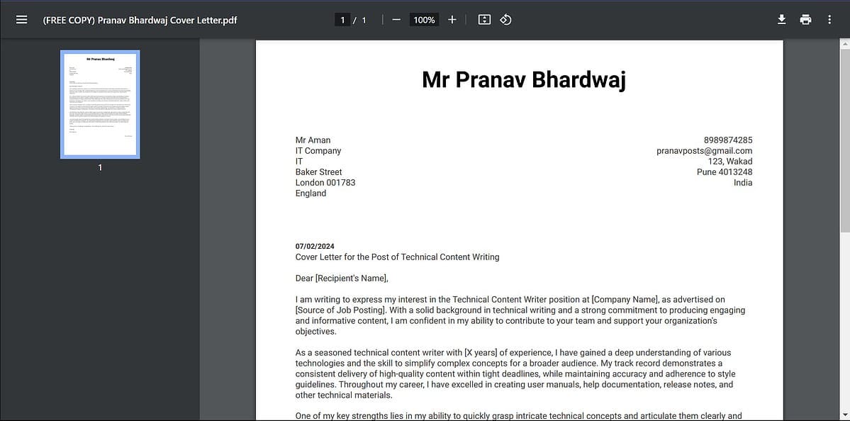 cover letter generated through KickResume