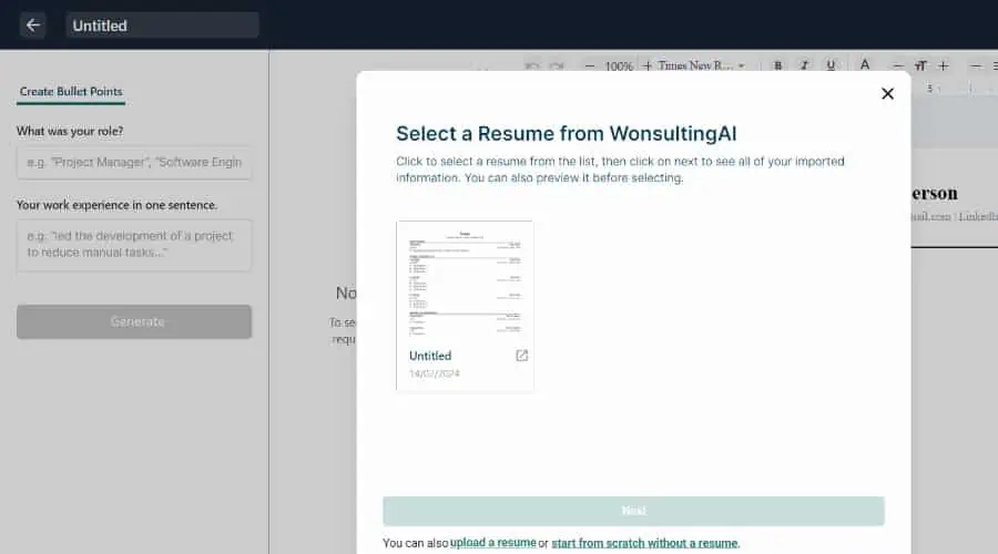 Wonsulting AI cover letter - select resume
