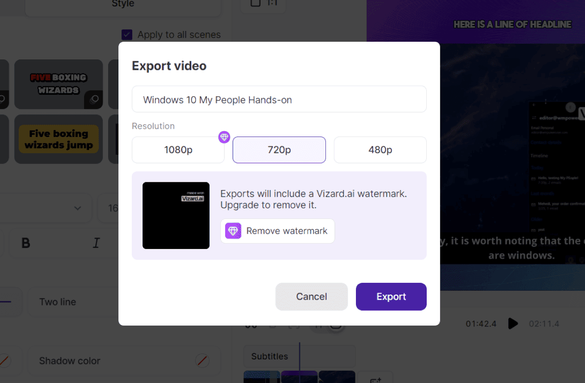 Video export settings in Vizard AI
