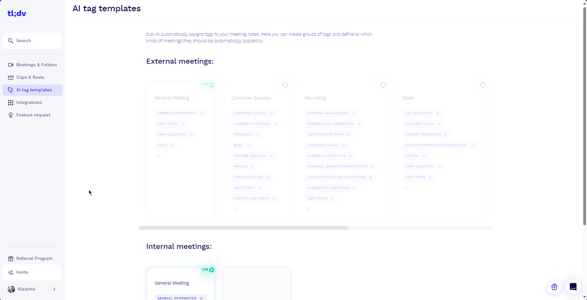 tl;dv AI tag templates