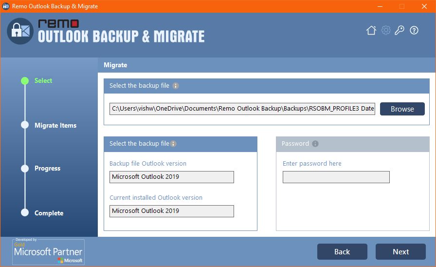 remo outlook backup and migrate tool import