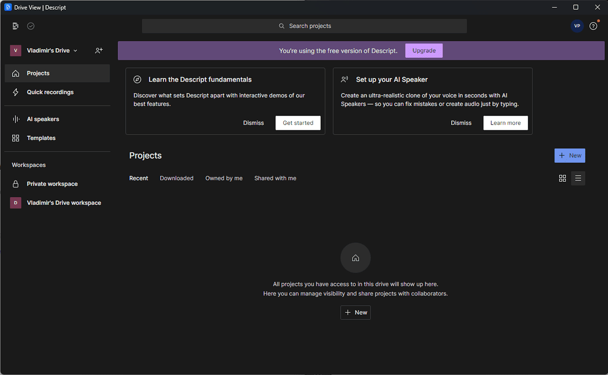 Descript dashboard