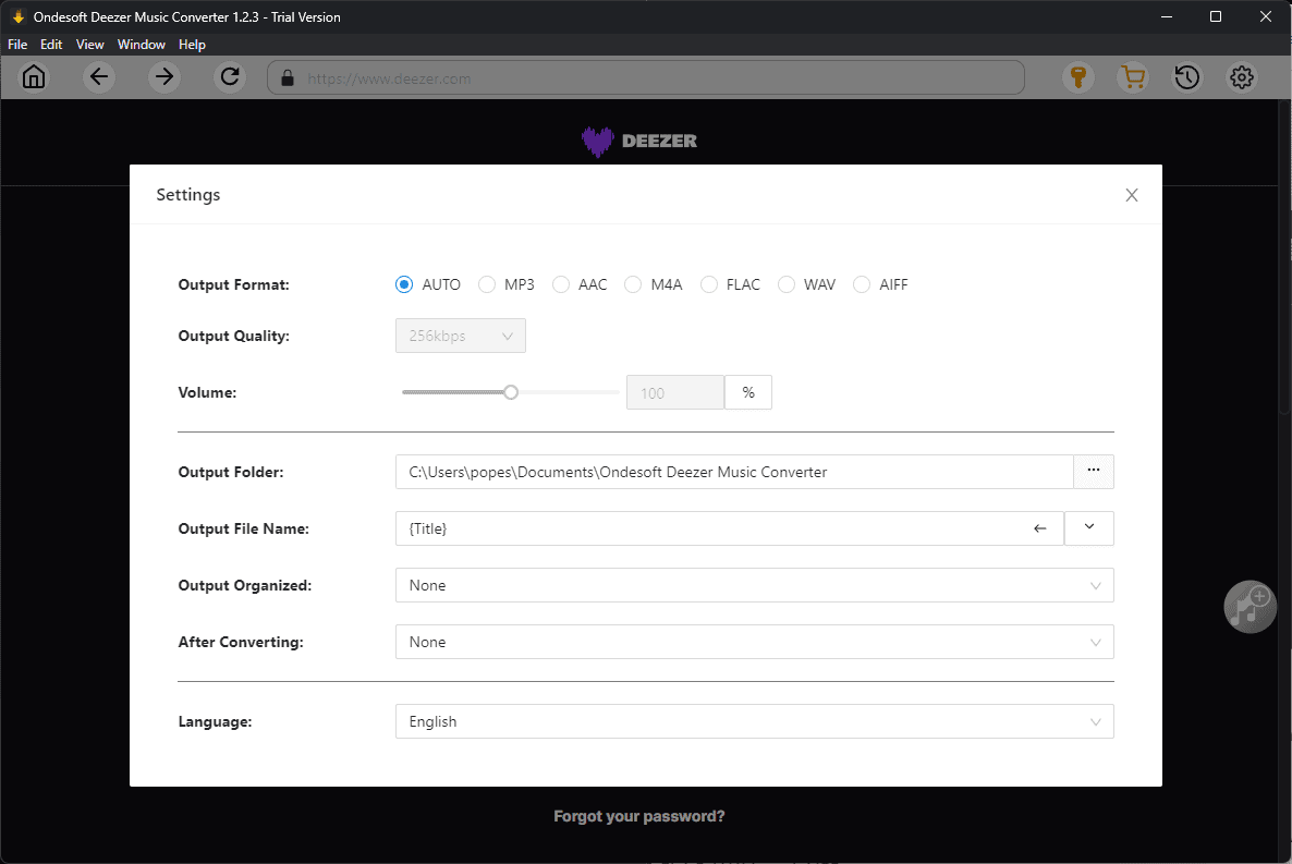 Ondesoft Deezer Music Converter settings