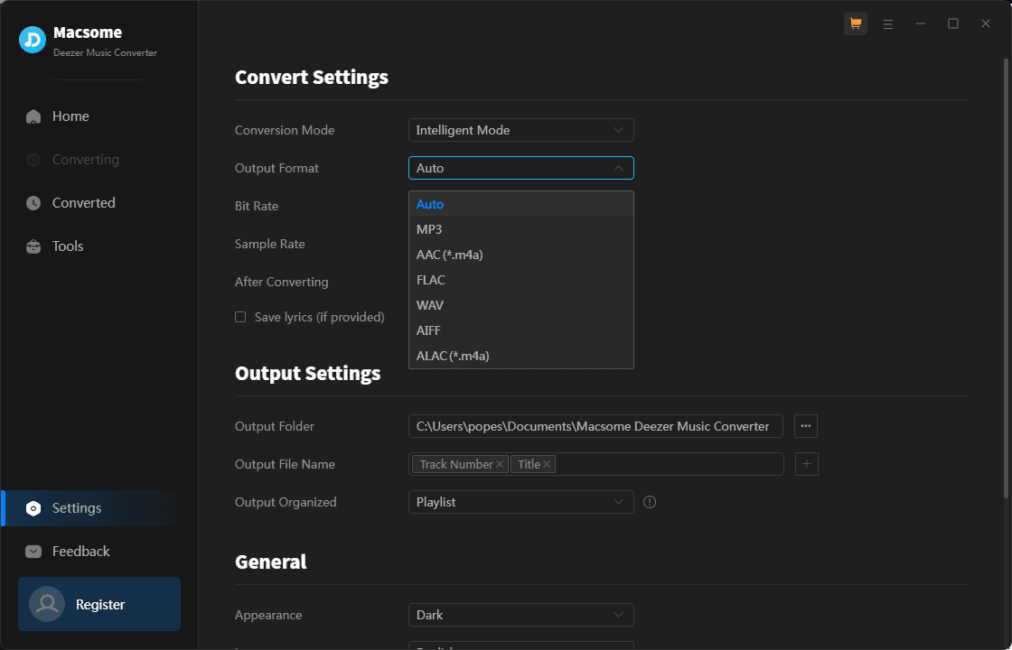 Macsome Deezer Music Converter settings