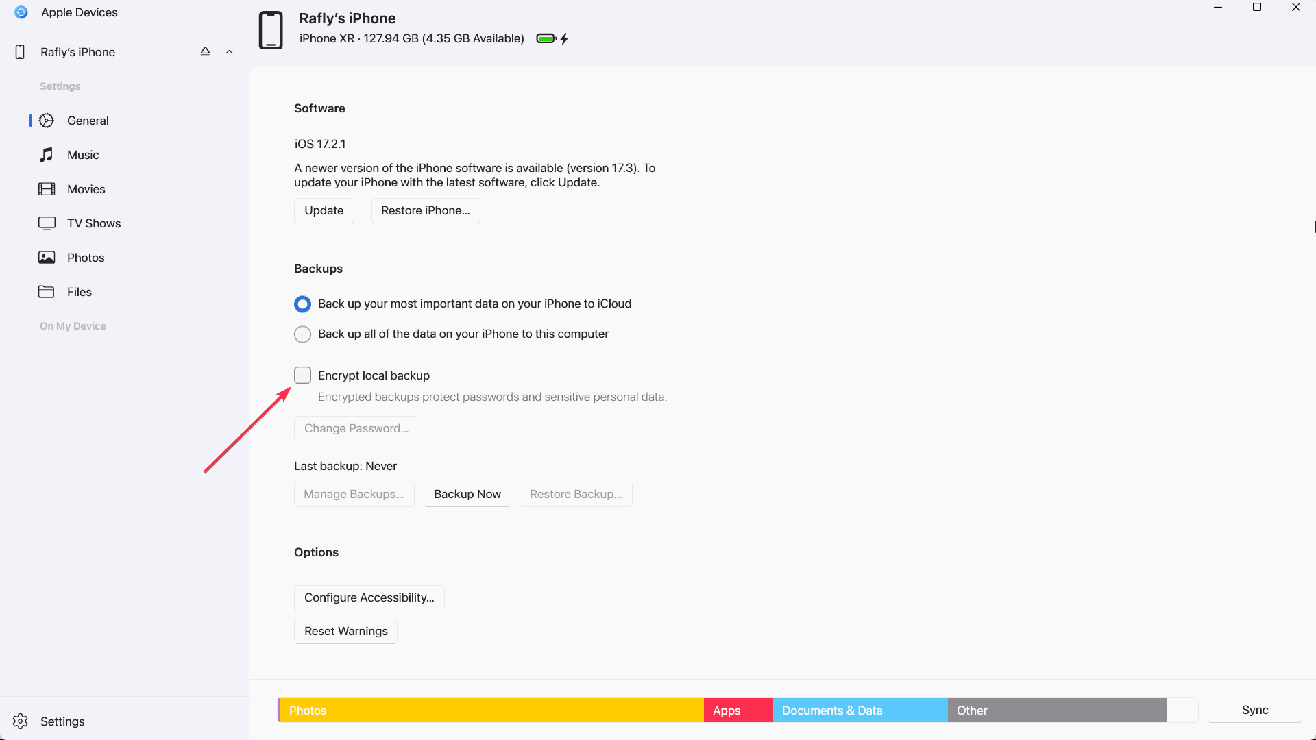How to backup iphone to computer using windows new apple devices app