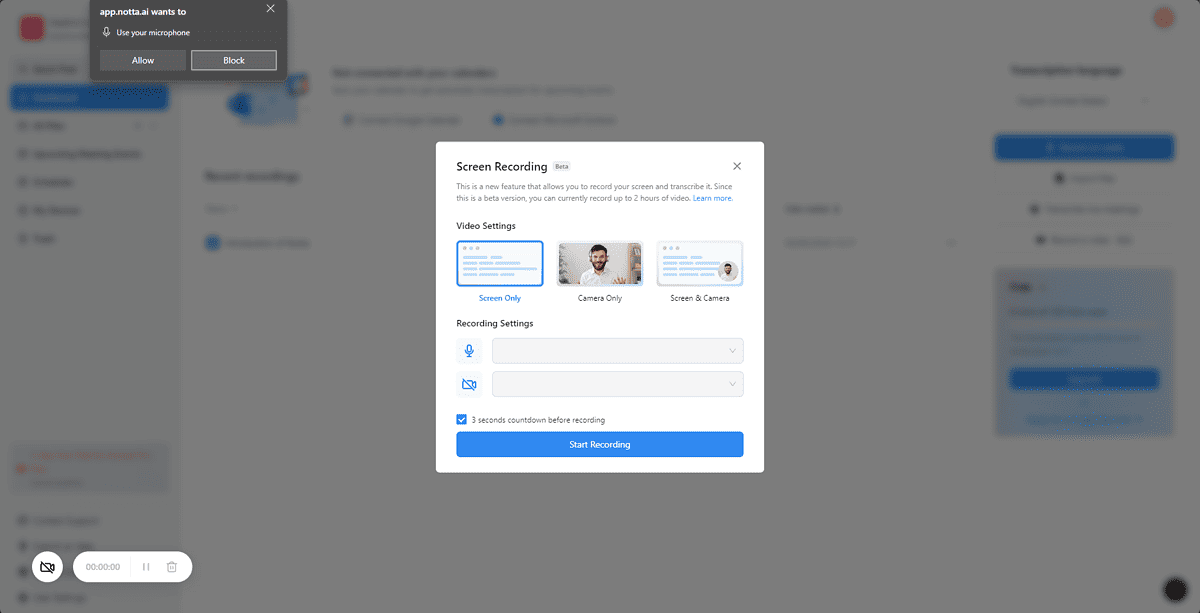 Notta screen recording