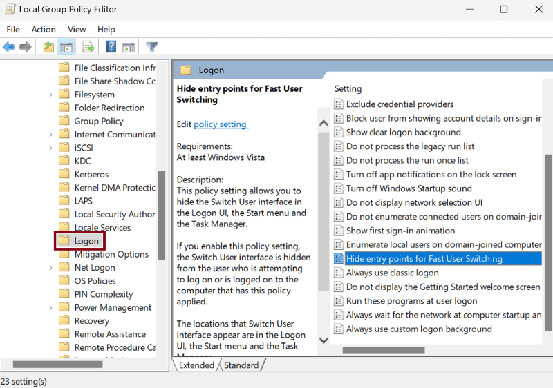 Hide entry points for Fast User Switching