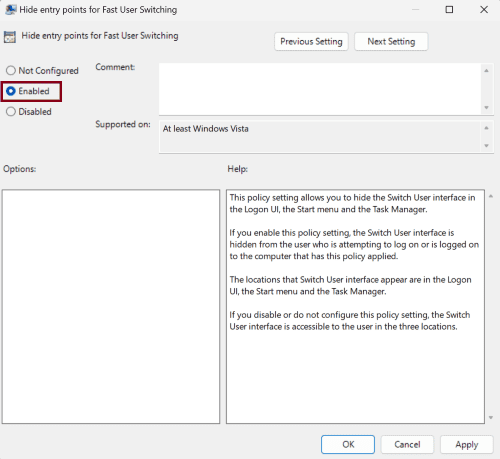 Hide entry points for Fast User Switching enabled