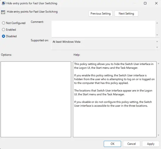 Hide entry points for Fast User Switching disabled