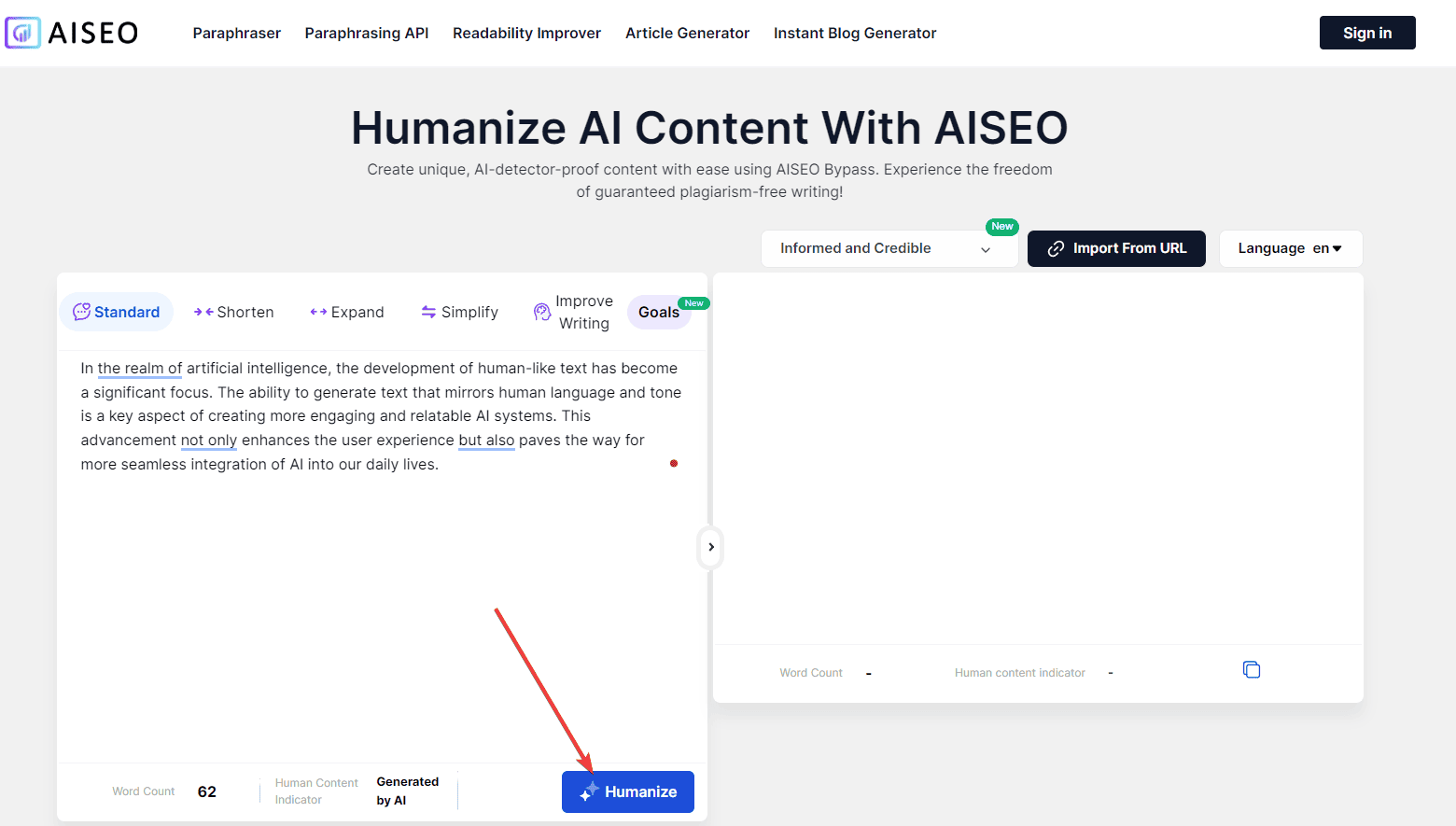 AISEO Humanize button