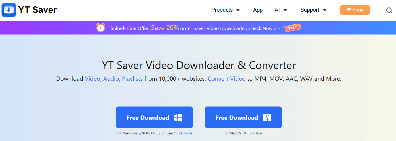 YT Saver download webpage