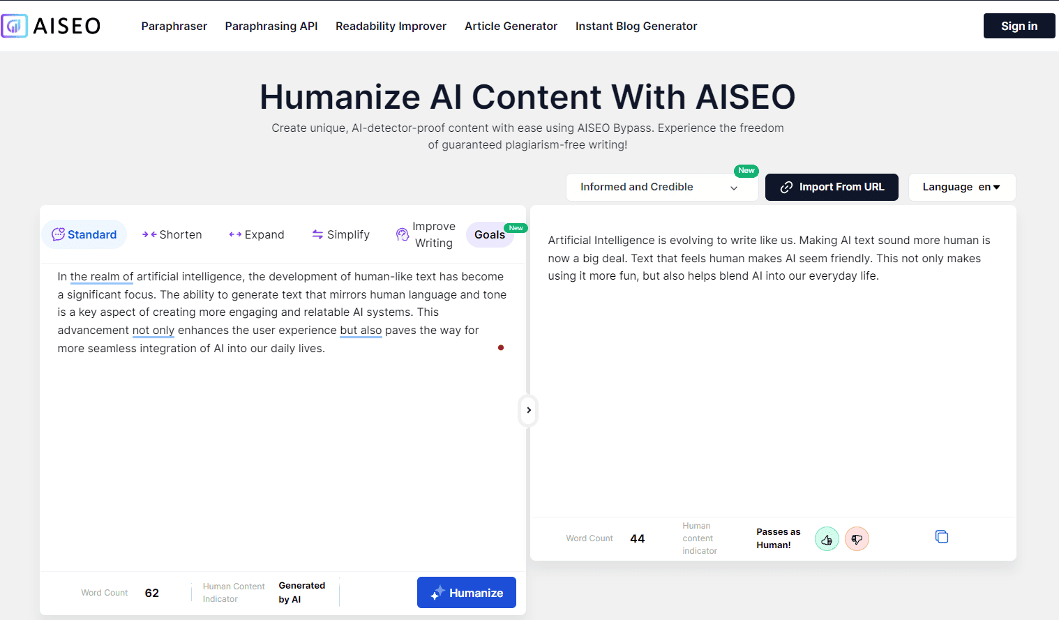 AISEO Text Humanizer result