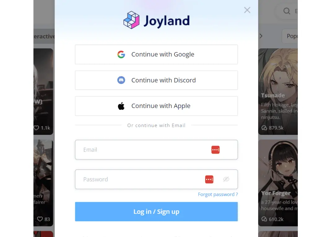 Joyland AI's sign-up screen