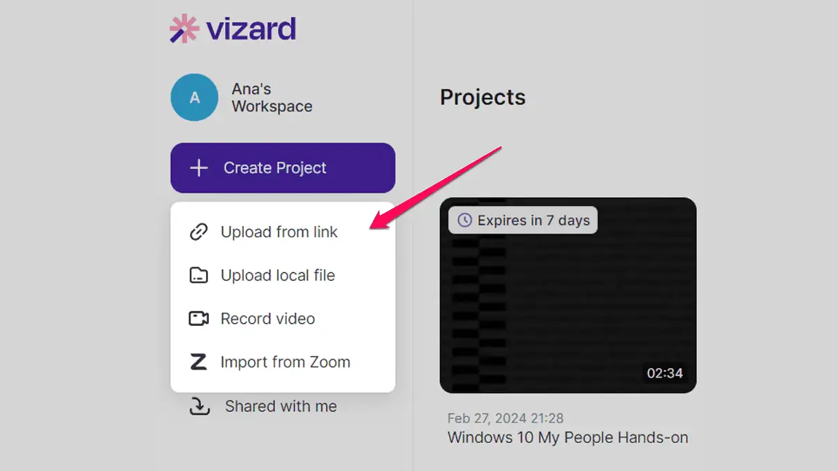 Uploading videos in Vizard AI