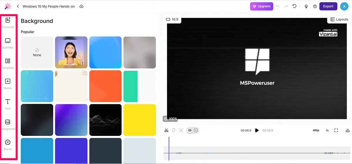 Vizard AI's video editor menu