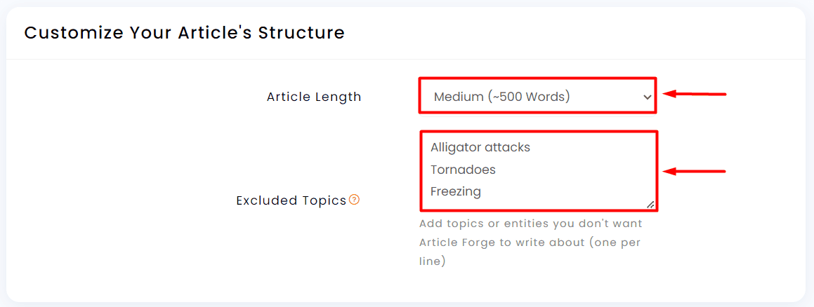 Article Forge length and exclude