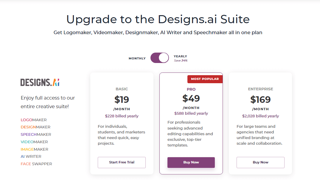 Designs AI pricing
