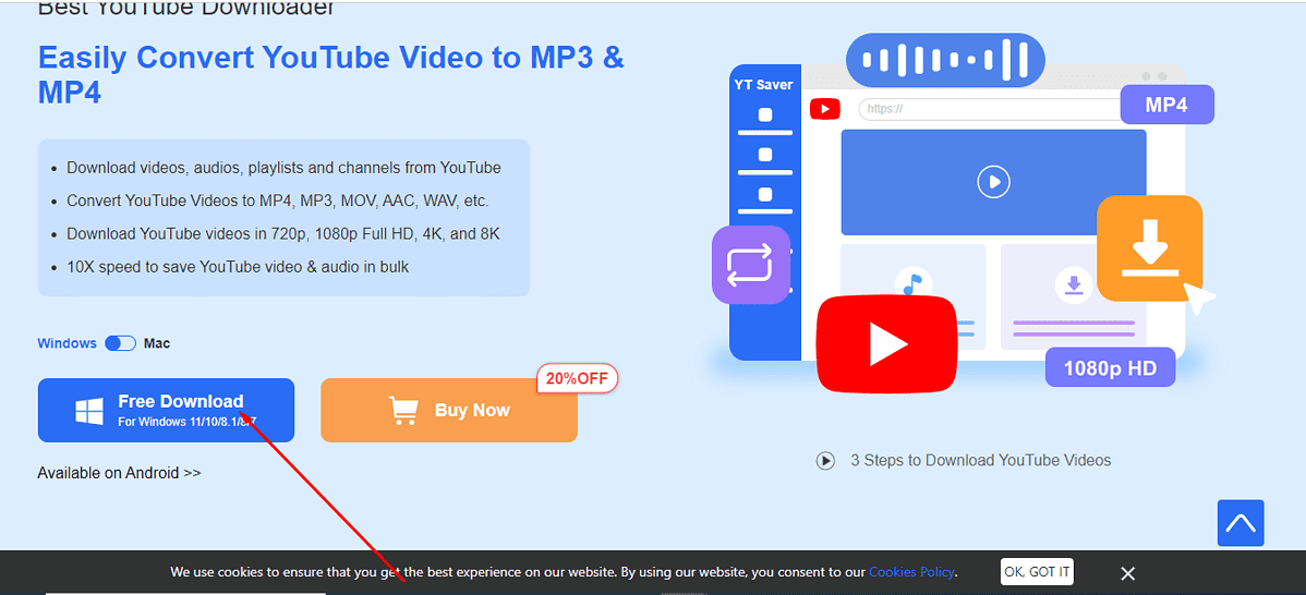 Go to YT Saver’s site and click Free download to get the app on your computer.