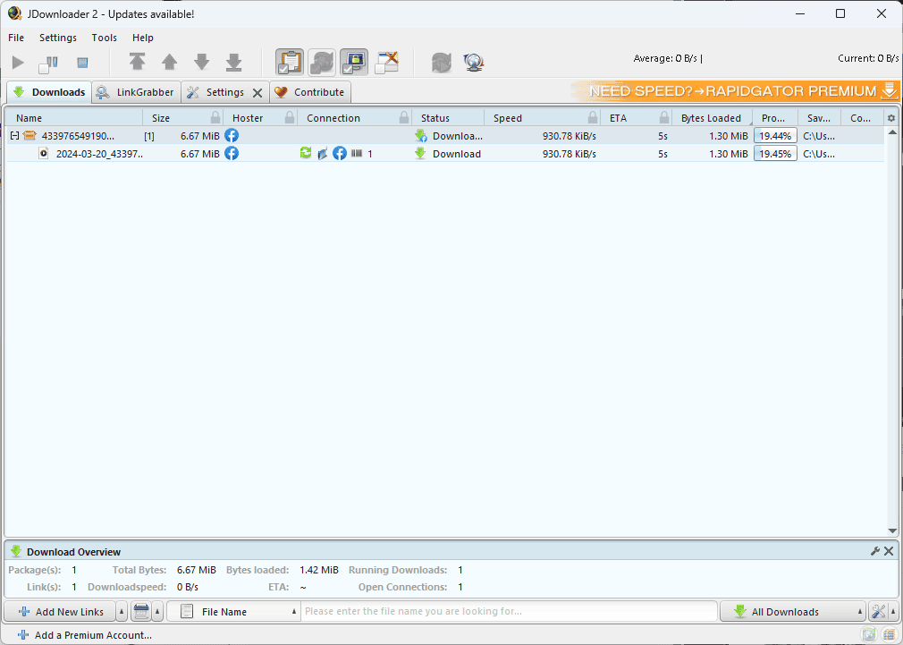 JDownloader 2 downloading