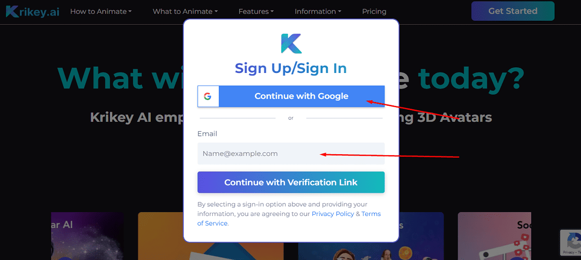 Krikey.ai : Sign up using your email or Google account.