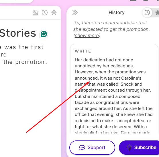 Sudowrite will generate several continuations for your story: story 1