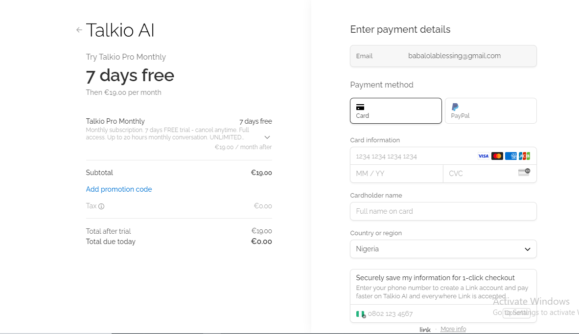 Talkio AI sign up payment page