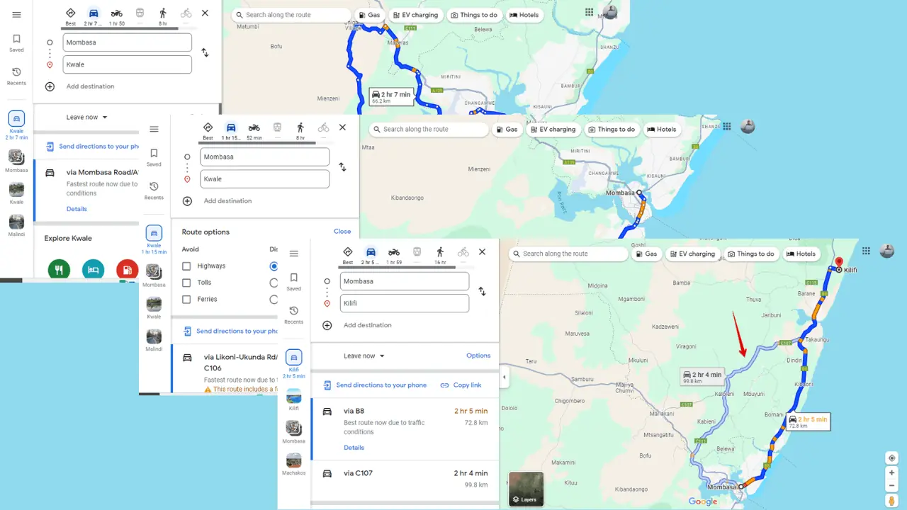 Google Mapsin vaihtoehtoiset reitit eivät näy