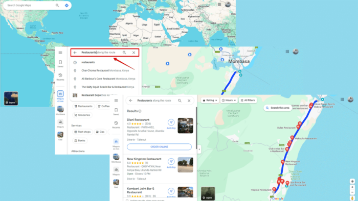 how to find restaurants along a route google maps