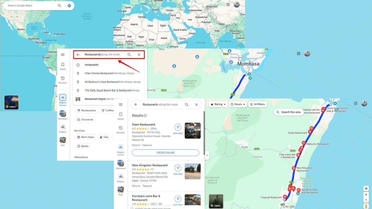 how to find restaurants along a route google maps